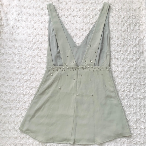 WILDFOX COUTURE PEARL SAGE GREEN MINI V-NECK DRESS - Picture 6 of 11